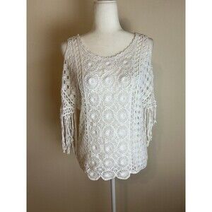 Women's Vintage Crochet Festival Fringe Top S Small White Western Cowgirl Boho